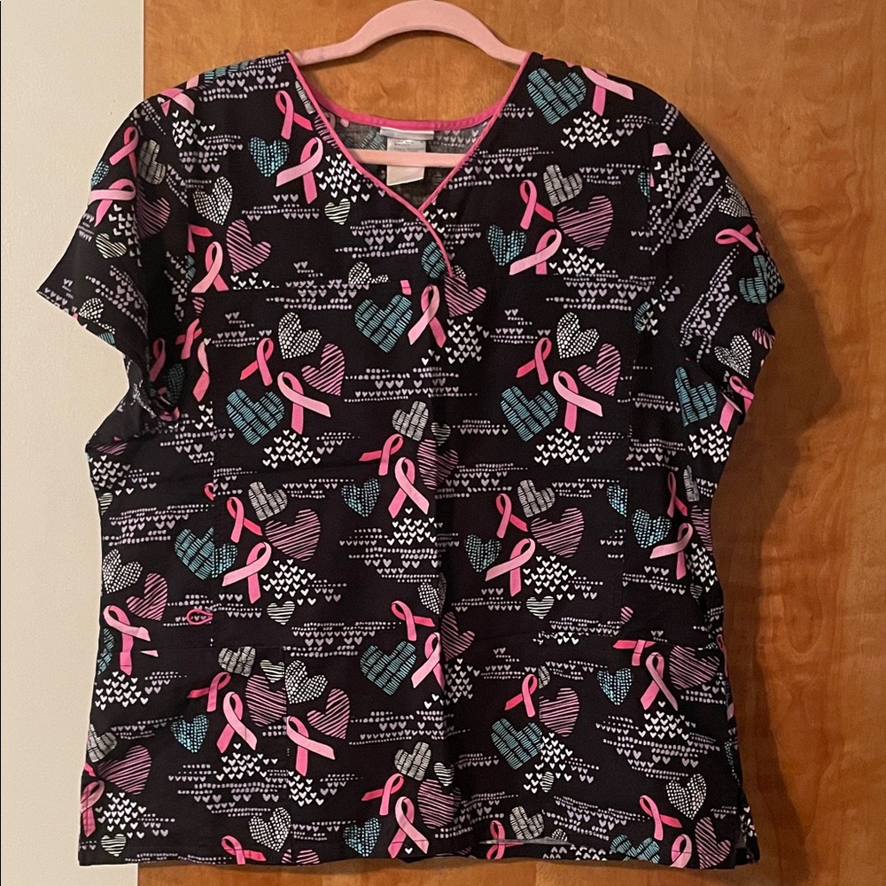 Heart and Ribbon Print Scrub Top